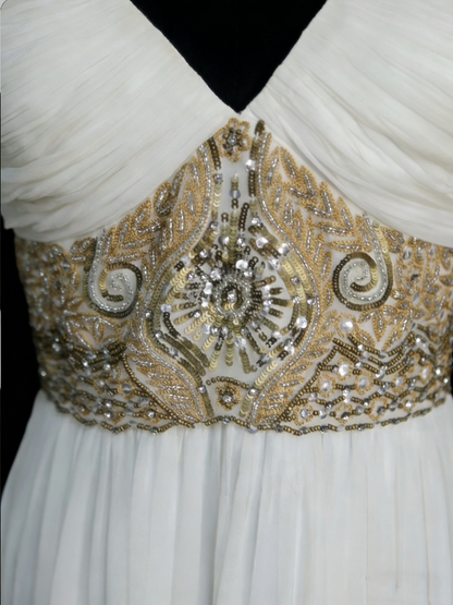 Chic A Line Spaghetti Strap White Chiffon Beads Senior Prom dresses High School Long Formal Dresses N1249