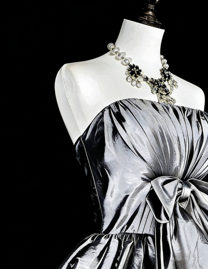Vintage Ball Gown Strapless Silver Gray Taffeta Short Inspo 2000s Hoco Gowns Inspo Homecoming Dresses N1612