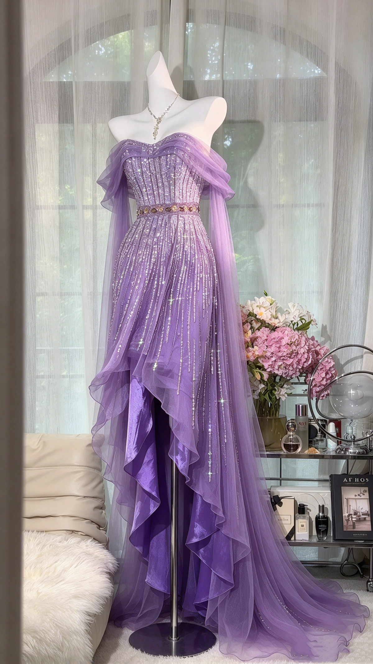 Modest Prom Dresses High Low Sweetheart Lilac With Silver Beading Formal Dress RC1291