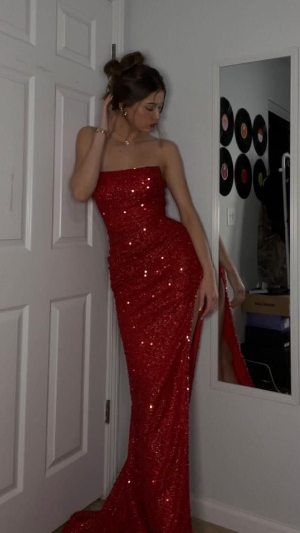 Sparkly Trumpet/Mermaid Strapless Sweep Train Red Sequins Prom Dresses With Slit Formal Dresses Party Dress AB663