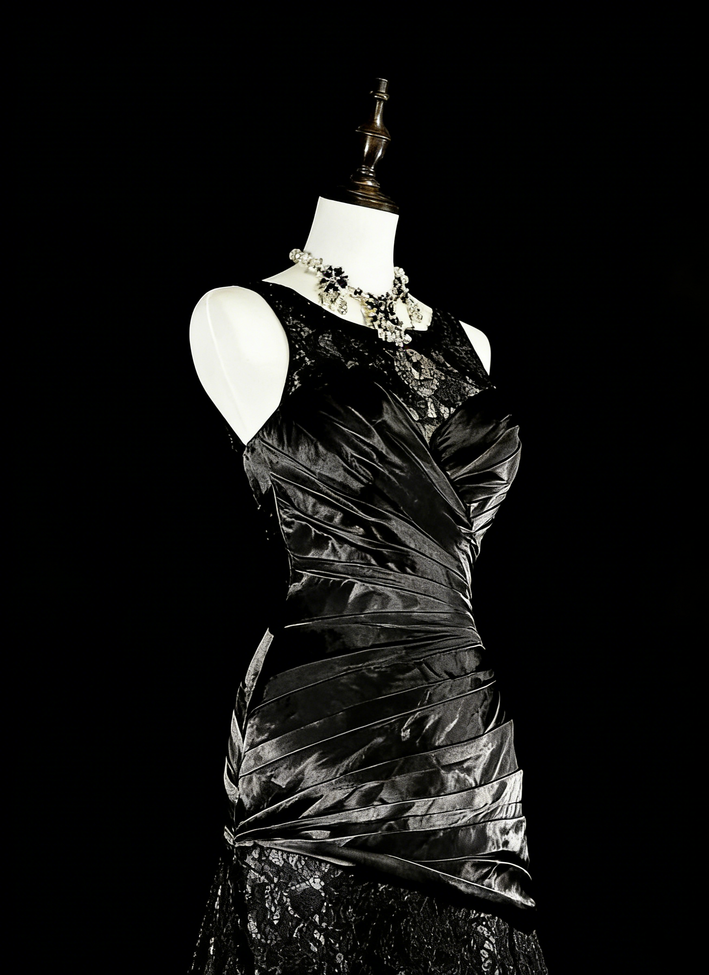 Vintage 1960s Boat Neck Sleeveless Satin Pleated Mermaid Long Prom Dresses N1574
