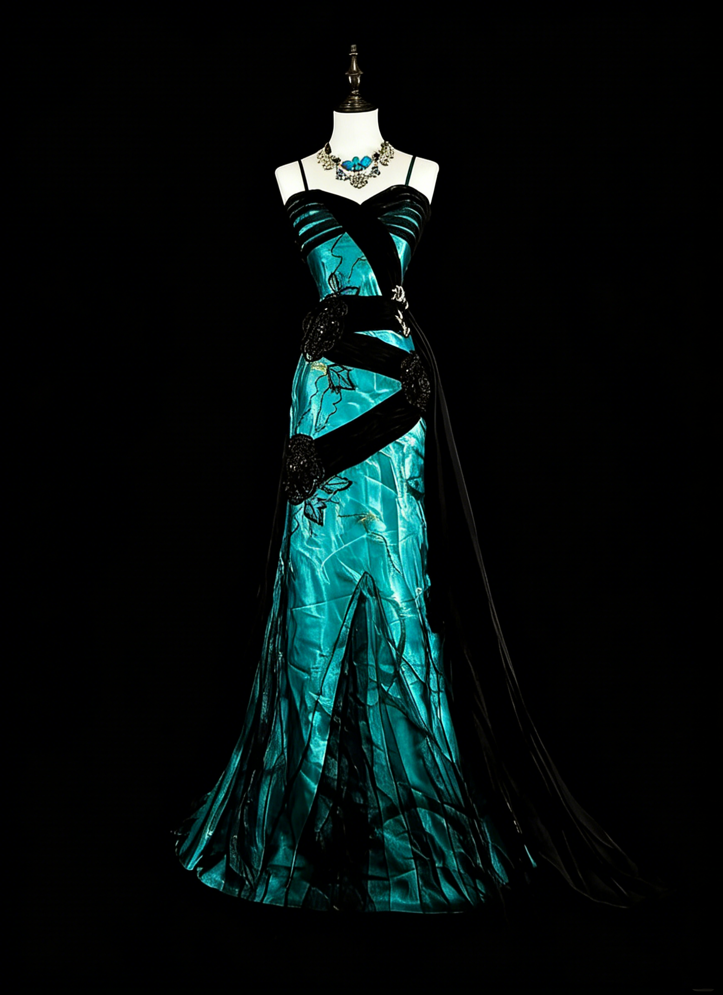 Vintage 1960s Mermaid Spaghetti Strap Black Tulle Green Satin Sleeveless Long Prom Formal Dresses N1585