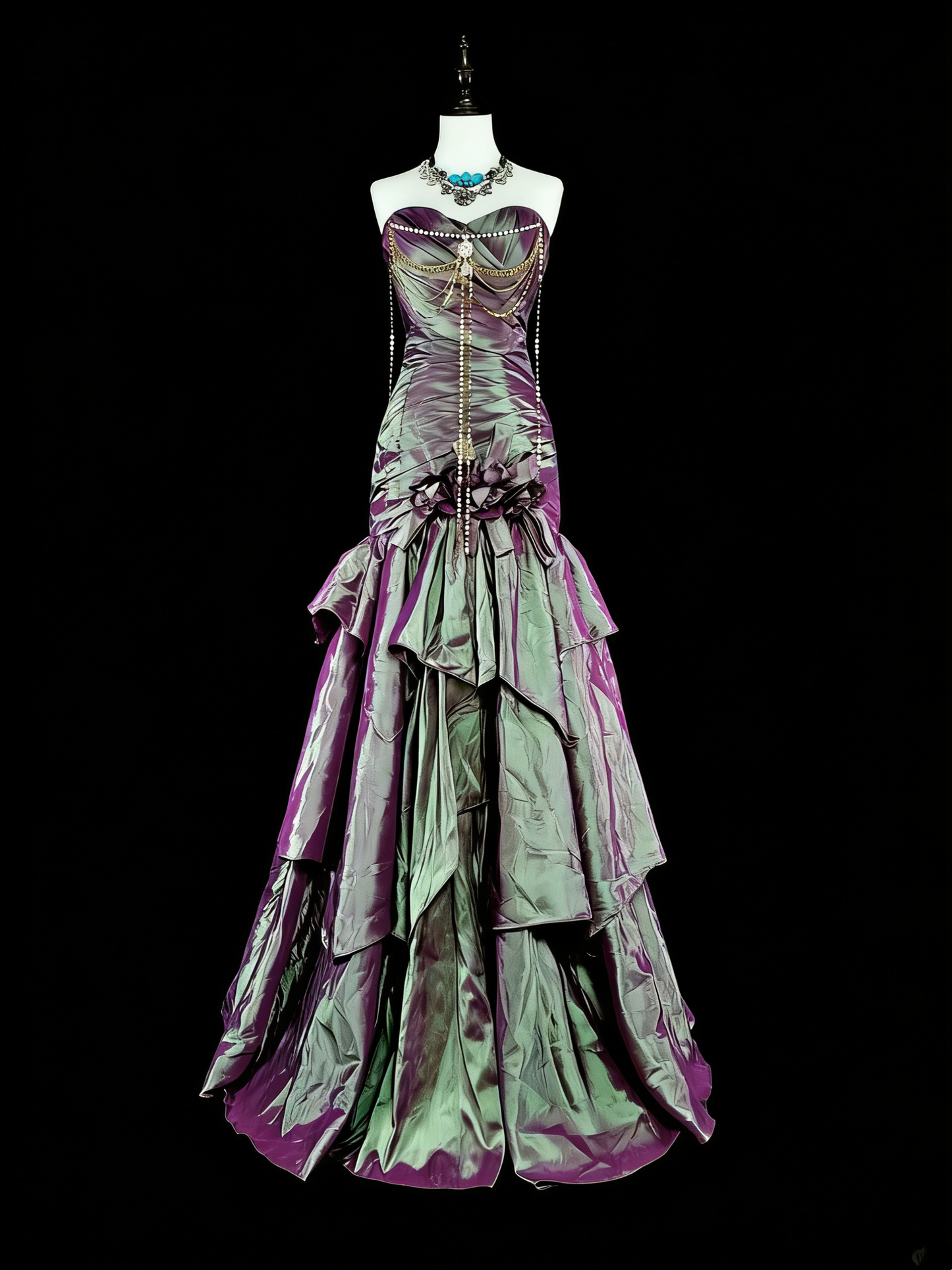 Vintage Mermaid Sweetheart Purple Taffeta 70s With Ruffles Long Prom Gown Party Wear Dresses N1846