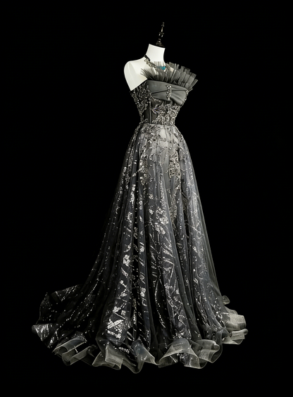 Vintage Prom Dresses Aesthetic 1960s Retro Ball Gown Grey Sequins Long Party Dress N2147
