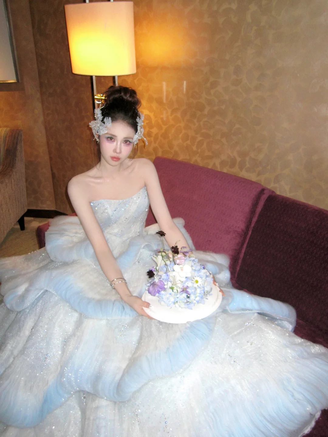 Princess Wedding Dresses Ball Gown Strapless Light Blue Tulle Pleated Brides Dress Style For Brides Fitted Long Bridal Gowns AB2404