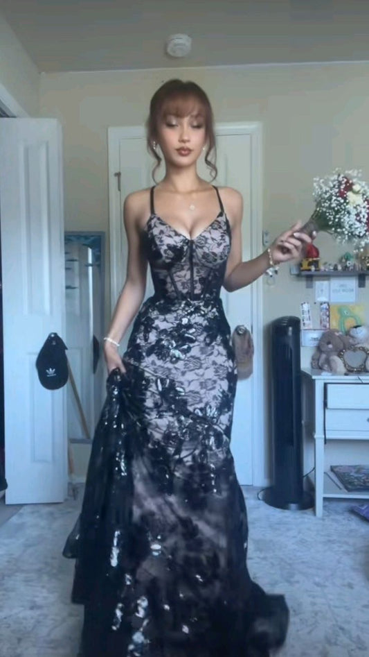 Vintage Mermaid Spaghetti Strap Black Lace Sleeveless Long Prom Dresses Long Formal Dress RB3840