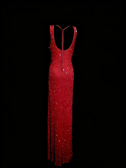 Modest Night Aesthetic Sheath Scoop Neck Red Sequins College Formal Outfit Long Prom Graduation Dresses For Teens N1155