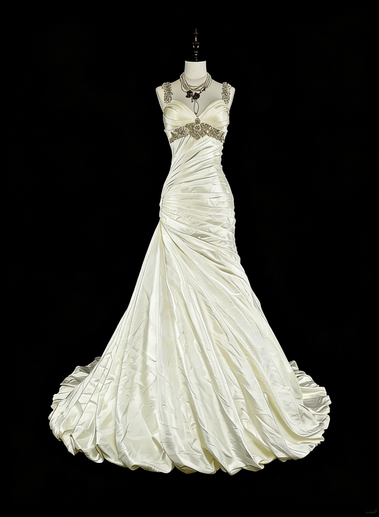 Vintage 80s Wedding Dresses Mermaid Sweetheart Ivory Long Brides Dress Fitted Bridal Gown N1609