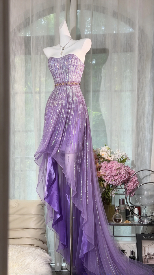 Sexy A line Sweetheart Lilac High Low Tulle Beaded Long Prom Dresses Inspo Party Gown RC1292
