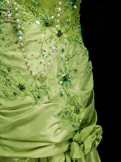 Vintage Mermaid V Neck Bud Green Satin 90s With Beaded Prom Dresses Long Formal Party Gown N1385