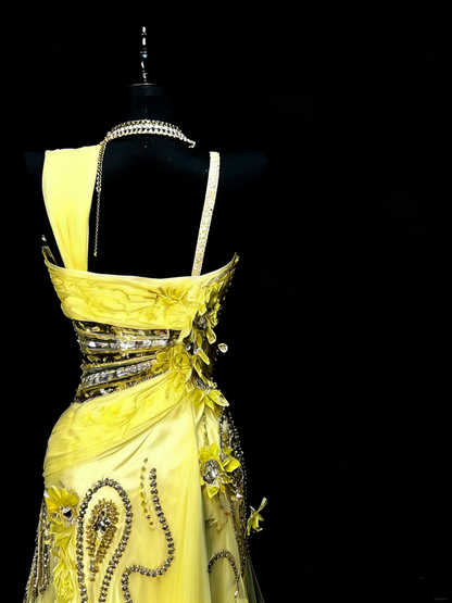 Modest Mermaid Sweetheart Yellow Chiffon With Beaded Bodice College Formal Outfit Long Prom Graduation Dresses For Teens N1191