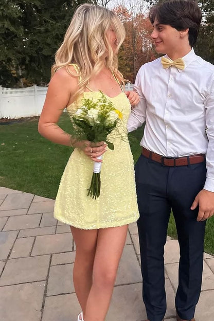 Yellow Satin Straps Glitter A-Line Sleeveless Short Homecoming Dress 16th Birthday Cocktail Ideas Outfits RB8302