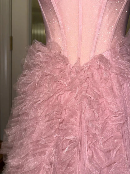 Romantic Ball Gown Spaghetti Straps Pink Tulle With Ruffled High School Dances Prom Dresses 8th Grade Formal Outfits Evening Gown RB8424