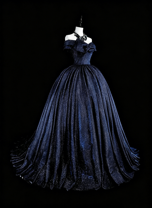 Modest Prom Dresses Ball Gown Navy Blue Tulle Off The Shoulder Sweet 16 Dress Formal Evening Outfits N3516