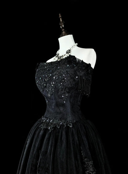 Vintage Prom Dresses Aesthetic 1970s Retro Ball Gown Strapless Black Tulle Long Formal Dress N2152