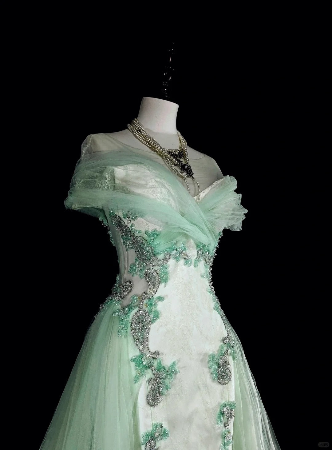 Dreamy Prom Dresses Vintage 80s Retro Off The Shoulder Mint Green Tulle Lace Long Formal Outfits N2365
