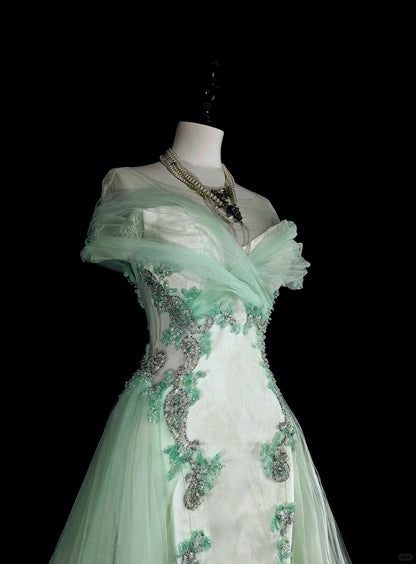Dreamy Prom Dresses Vintage 80s Retro Off The Shoulder Mint Green Tulle Lace Long Formal Outfits N2365