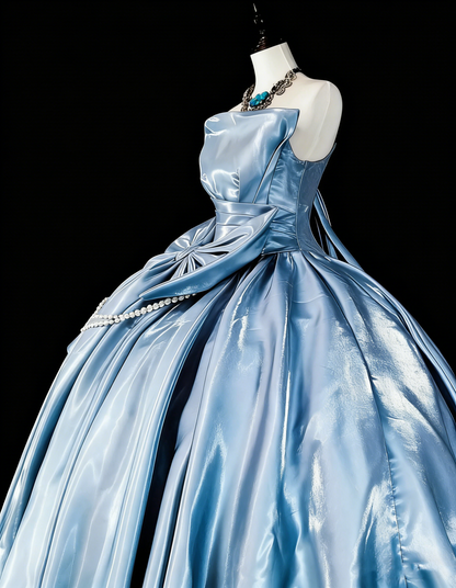 Princess Ball Gown Strapless Light Sky Blue Satin With Bow-knot Sweet 16 Dresses Quinceanera Dress N3417
