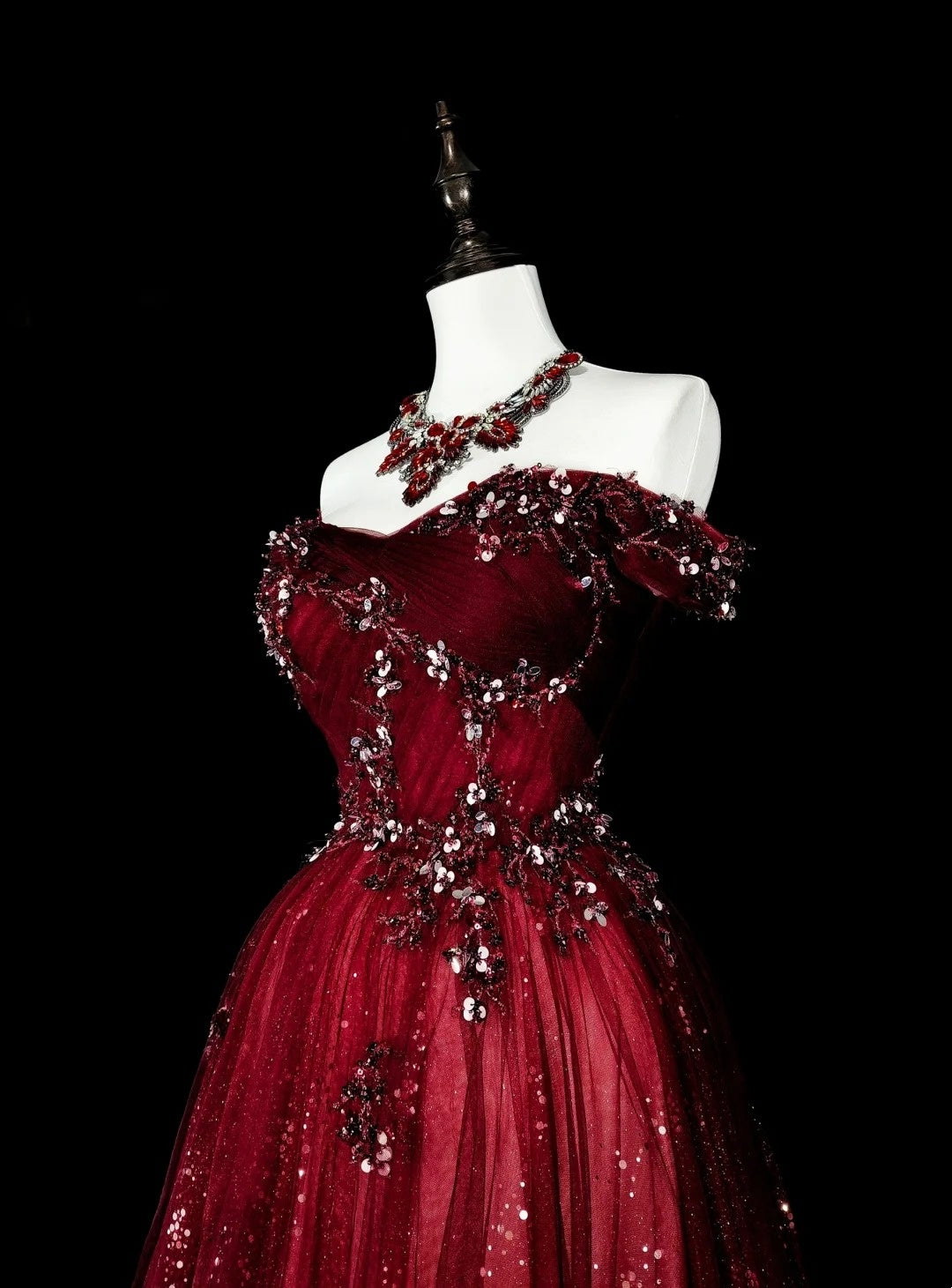 Vintage Prom Dresses Aesthetic 1950s Retro Classy Ball Gown Off The Shoulder Burgundy Long With Appliques N1995