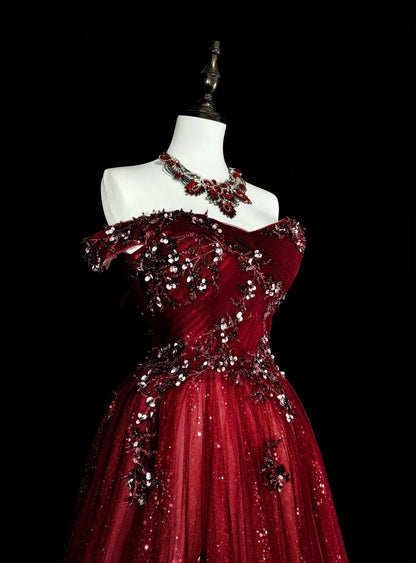 Vintage Prom Dresses Aesthetic 1950s Retro Classy Ball Gown Off The Shoulder Burgundy Long With Appliques N1995