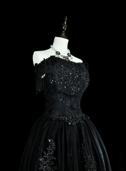 Vintage Prom Dresses Aesthetic 1970s Retro Ball Gown Strapless Black Tulle Long Formal Dress N2152