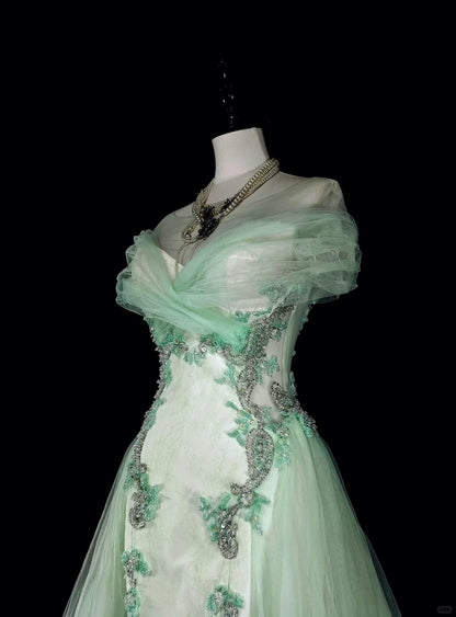 Dreamy Prom Dresses Vintage 80s Retro Off The Shoulder Mint Green Tulle Lace Long Formal Outfits N2365