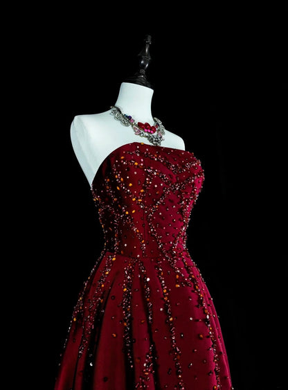 Vintage Prom Dresses A line Strapless Burgundy Tulle With Beaded Bodice Long Party Dress N2377
