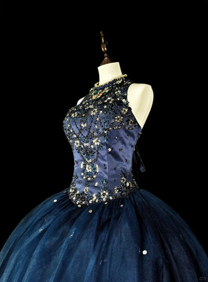 Modest Prom Dresses Ball Gown Navy Blue Tulle Sleeveless Sweet 16 Dress Formal Evening Outfits N3515