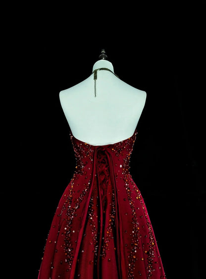 Vintage 1780s A line Strapless Dark Redd Sleeveless With Beadings Long Prom Dresses N1600