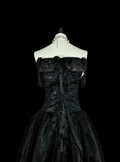 Vintage Prom Dresses Aesthetic 1970s Retro Ball Gown Strapless Black Tulle Long Formal Dress N2152