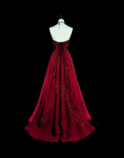 Vintage 1780s A line Strapless Dark Redd Sleeveless With Beadings Long Prom Dresses N1600