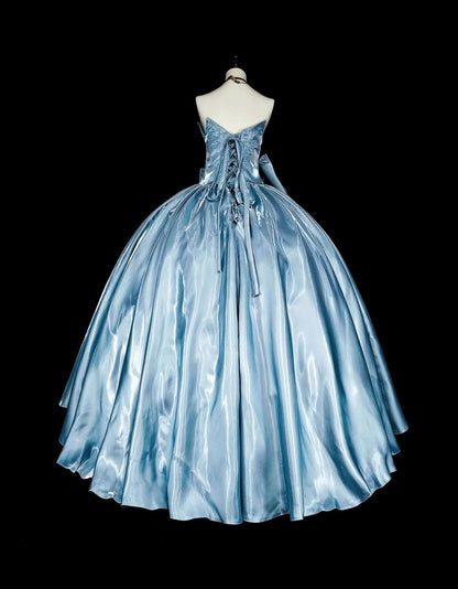 Princess Ball Gown Strapless Light Sky Blue Satin With Bow-knot Sweet 16 Dresses Quinceanera Dress N3417
