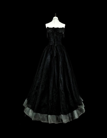 Vintage Prom Dresses Aesthetic 1970s Retro Ball Gown Strapless Black Tulle Long Formal Dress N2152