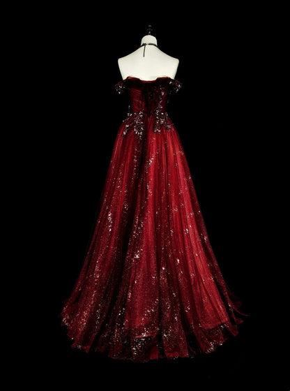 Vintage Prom Dresses Aesthetic 1950s Retro Classy Ball Gown Off The Shoulder Burgundy Long With Appliques N1995