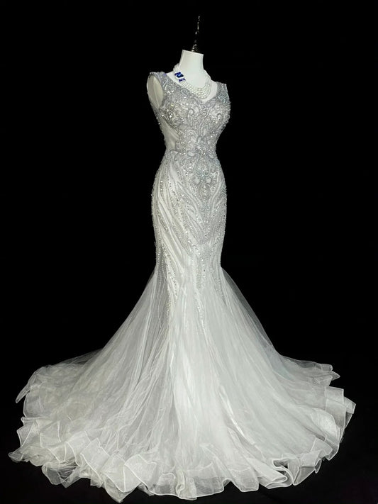 Vintage Mermaid V Neck Silver Tulle With Pleated Sleeveless 80s Prom Dresses Long Formal Party Gown N1472