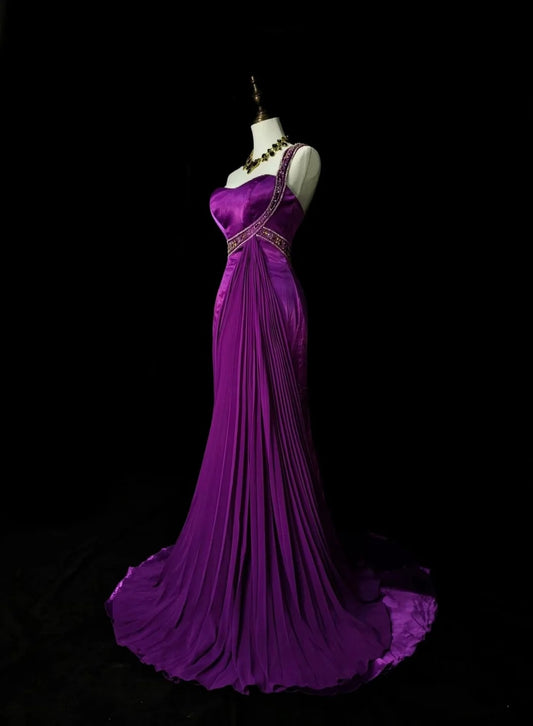 Vintage Mermaid One Shoulder Grape Satin 2000s With Beaded Prom Dresses Long Formal Party Gown N1361