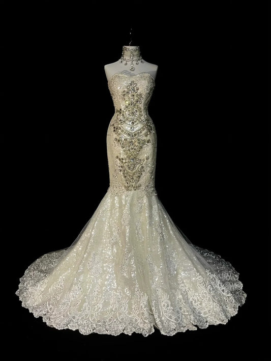Vintage 80s Wedding Dresses Mermaid Sweetheart Ivory Lace Tulle Long Brides Dress Fitted Bridal Gown N1470