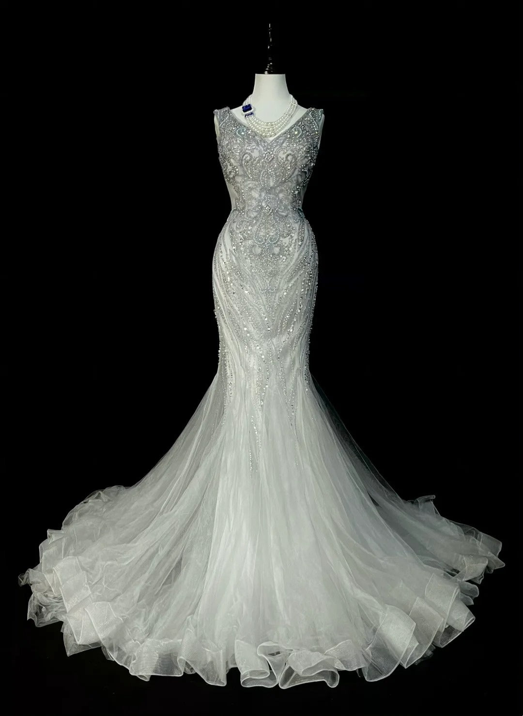 Vintage Mermaid V Neck Silver Tulle With Pleated Sleeveless 80s Prom Dresses Long Formal Party Gown N1472