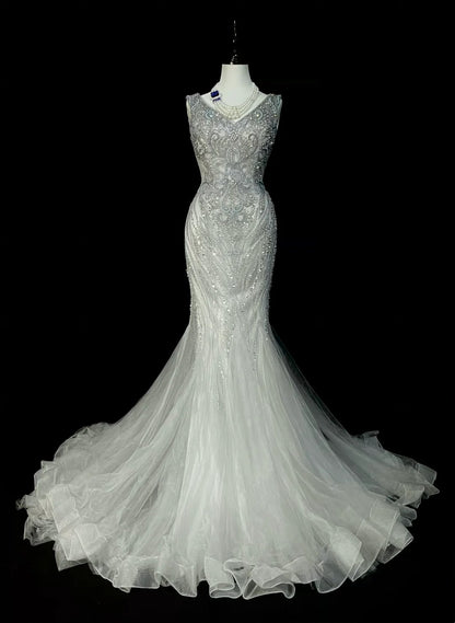 Vintage Mermaid V Neck Silver Tulle With Pleated Sleeveless 80s Prom Dresses Long Formal Party Gown N1472