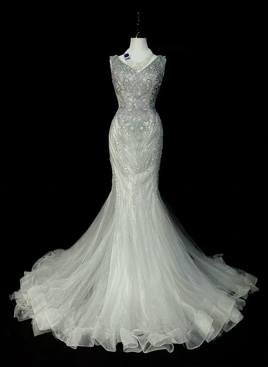 Vintage Mermaid V Neck Silver Tulle With Pleated Sleeveless 80s Prom Dresses Long Formal Party Gown N1472