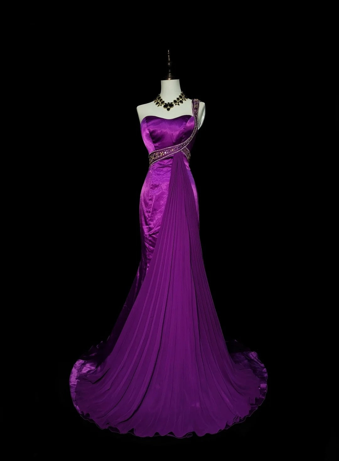 Vintage Mermaid One Shoulder Grape Satin 2000s With Beaded Prom Dresses Long Formal Party Gown N1361