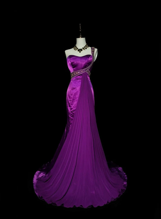 Vintage Mermaid One Shoulder Grape Satin 2000s With Beaded Prom Dresses Long Formal Party Gown N1361