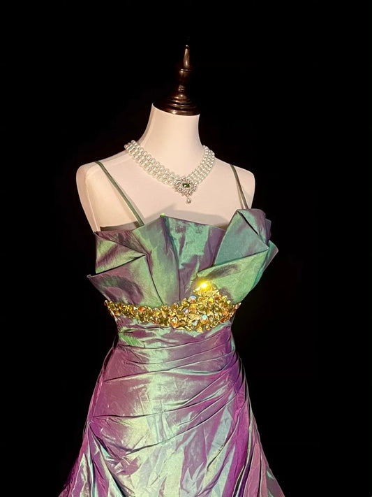 Vintage Mermaid Spaghetti Straps Grape With Pleated Sleeveless 80s Prom Dresses Long Formal Party Gown N1471
