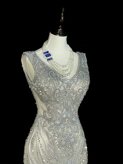 Vintage Mermaid V Neck Silver Tulle With Pleated Sleeveless 80s Prom Dresses Long Formal Party Gown N1472
