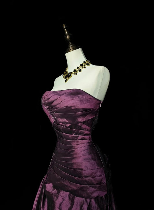 Vintage Mermaid Strapless Purple Taffeta 2000s With Pleated Prom Dresses Long Formal Party Gown N1360