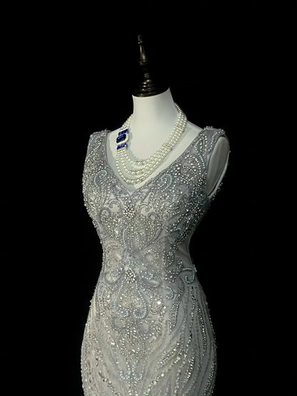 Vintage Mermaid V Neck Silver Tulle With Pleated Sleeveless 80s Prom Dresses Long Formal Party Gown N1472