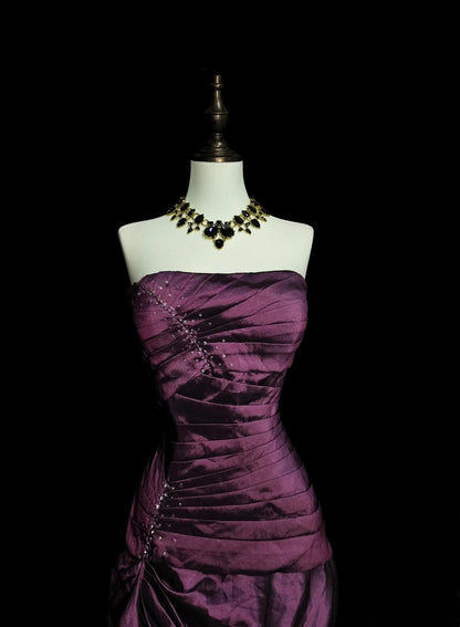 Vintage Mermaid Strapless Purple Taffeta 2000s With Pleated Prom Dresses Long Formal Party Gown N1360