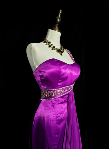Vintage Mermaid One Shoulder Grape Satin 2000s With Beaded Prom Dresses Long Formal Party Gown N1361