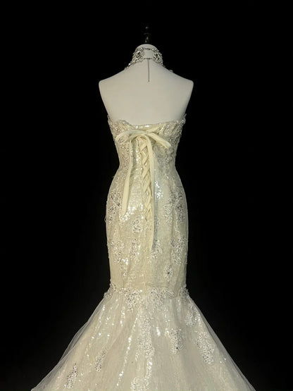 Vintage 80s Wedding Dresses Mermaid Sweetheart Ivory Lace Tulle Long Brides Dress Fitted Bridal Gown N1470