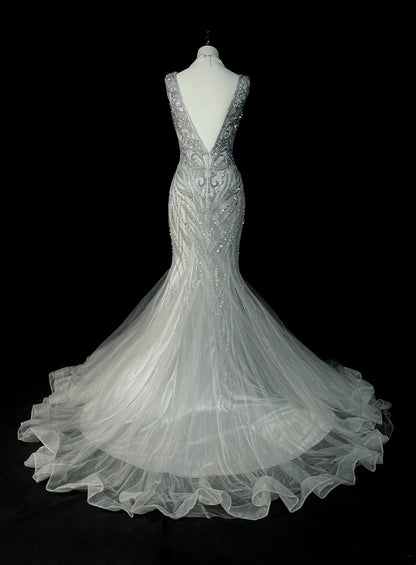 Vintage Mermaid V Neck Silver Tulle With Pleated Sleeveless 80s Prom Dresses Long Formal Party Gown N1472